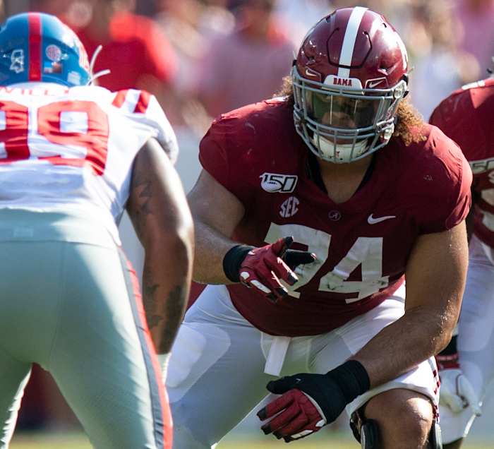 Alabama offensive lineman Jedrick Wills, Jr., (74) against Ole Miss at Bryant-Denny Stadium in Tuscaloosa, Ala., on September 28, 2019.